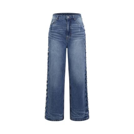 Women's Blue Denim Jeans with Rivet Detail Loose Fit, Non-Stretch