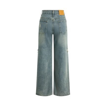 Women's Retro Print Asymmetrical Ripped Jeans Fitted, Non-Stretch Denim