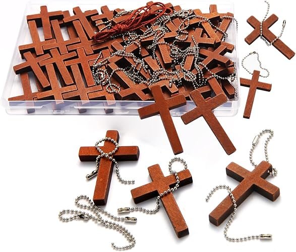 7112MqvVZ6L._AC_SY500-1.jpg 70 Pack Small Wooden Pocket Cross Charms Keychain - Natural Mini Wooden Cross Pendants for Church Prayer, Easter Gifts, Christian Crafts & DIY Decoration