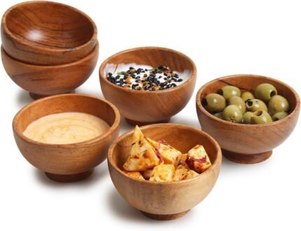 Set of 6 Acacia Wood Small Bowls - 4 fl oz Hand-Carved Dipping Bowls for Sauce, Salsa, Spices & Prep, 3.2 x 2 Inches