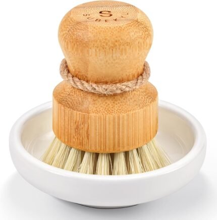 Bamboo Dish Scrub Brush - Natural Wooden Kitchen Cleaning Brush with Sisal Bristles for Dishes, Pots, Pans & Vegetables