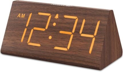 Wooden Digital Alarm Clock for Bedroom - LED Desk Clock with Large Display, USB Port, Adjustable Volume, Dimmer & Snooze, Adapter Powered
