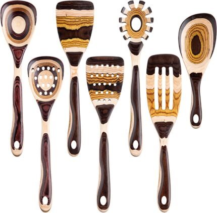 7-Piece Pakkawood Wooden Cooking Utensil Set - Brown Eco-Friendly Kitchen Spoons & Tools for Home Cooking