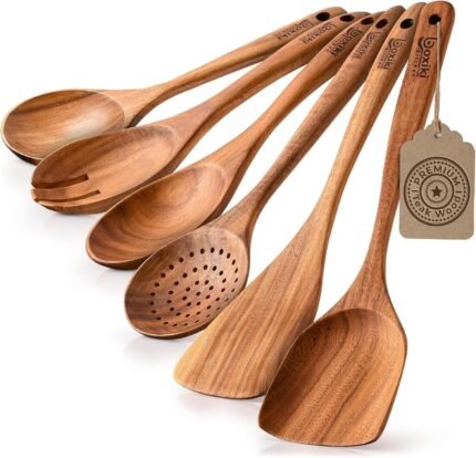 Luxury Teak Wood 6-Piece Utensil Set - Spoons, Server, Scraper & Spatula for Cooking